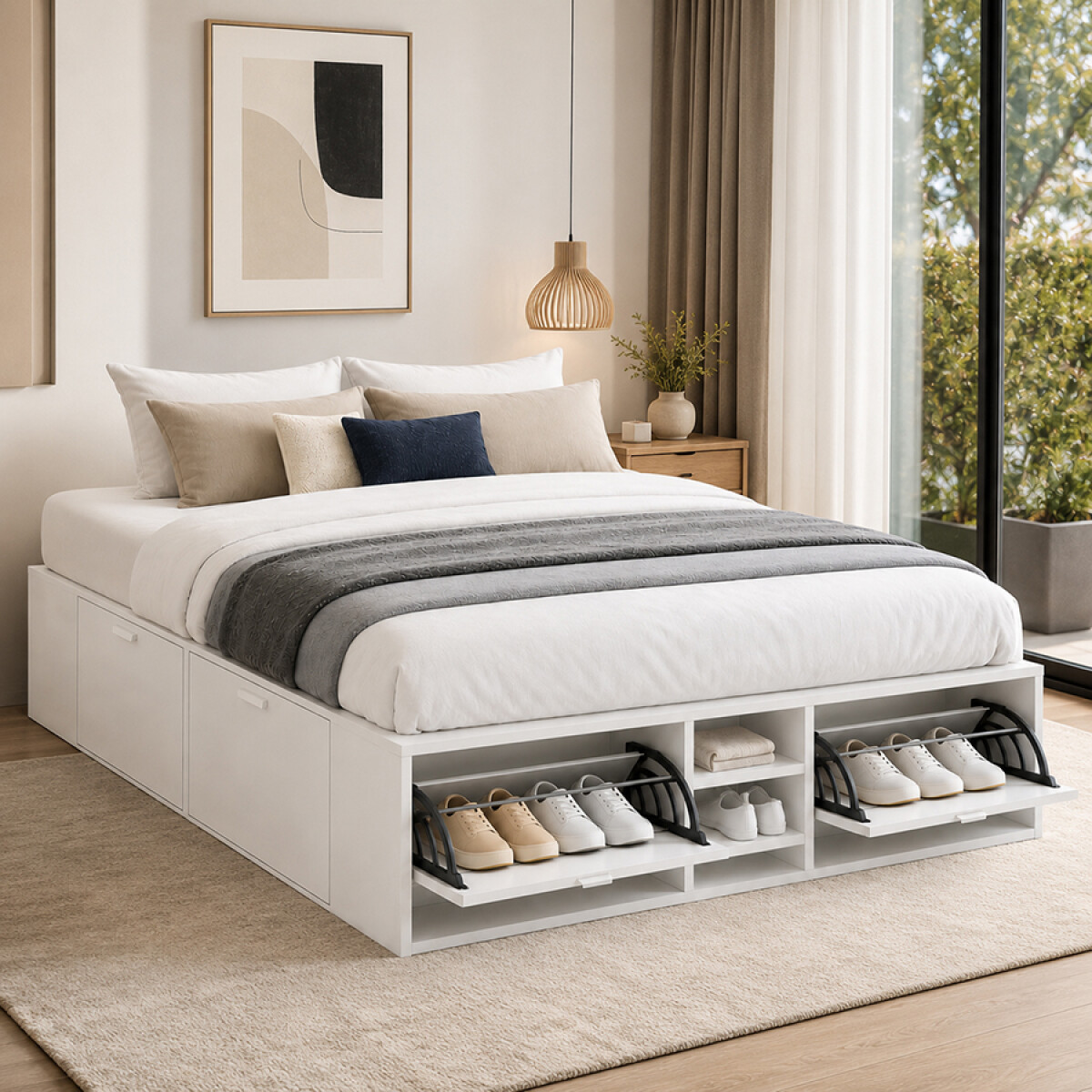 Cama 2 plazas con zapatera y cajones - BLANCO 