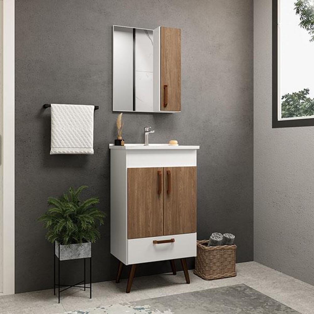 CONJUNTO DE BAÑO MODELO MALAGA COLOR BLANCO/CARVALHO / MUEBLE + BACHA + ESPEJO / 50 CM Conjunto De Baño Modelo Malaga Color Blanco/carvalho / Mueble + Bacha + Espejo / 50 Cm