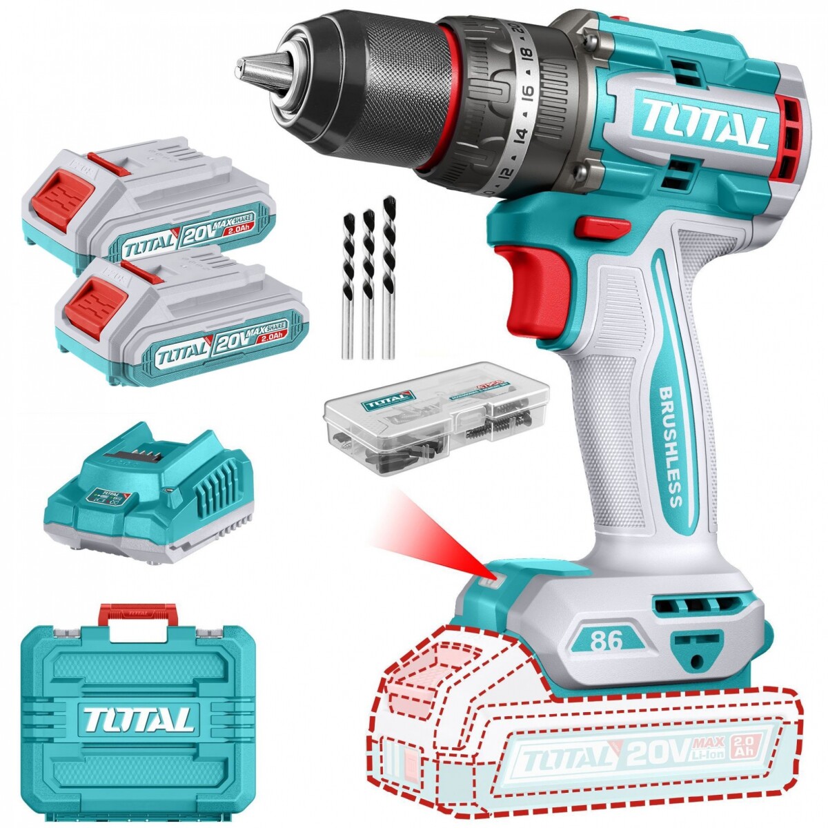 Taladro Percutor Y Atornillador 20v 86Nm - Doble Batería, Cargador Y Maletín - Sin Carbones 