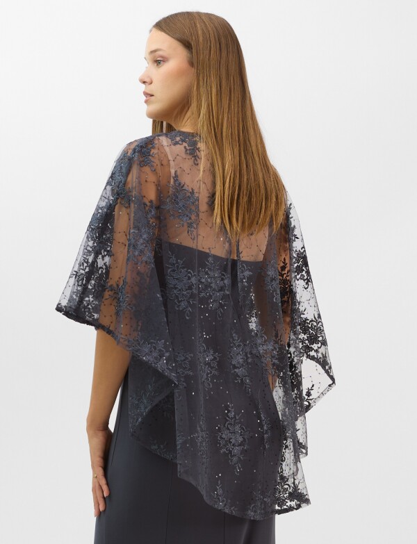Vestido Maxi Con Capa Bordada GRIS OSCURO