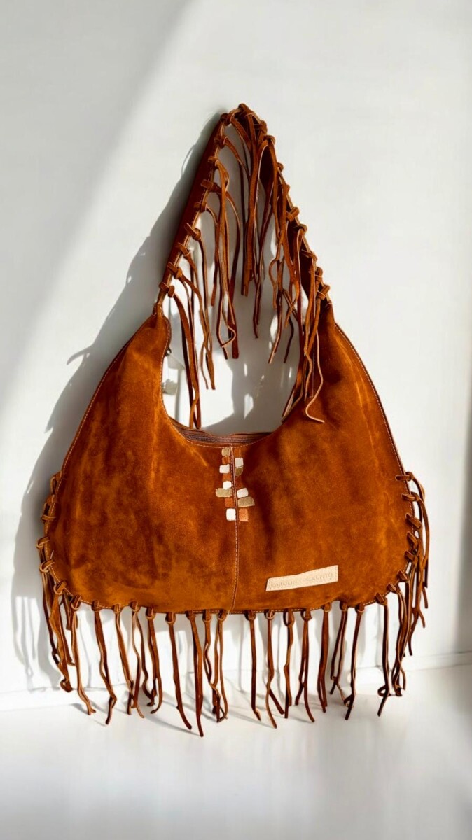 Cartera Alaska Con Flecos Linea Urbana - Gamuza Color Óxido Con Arte 