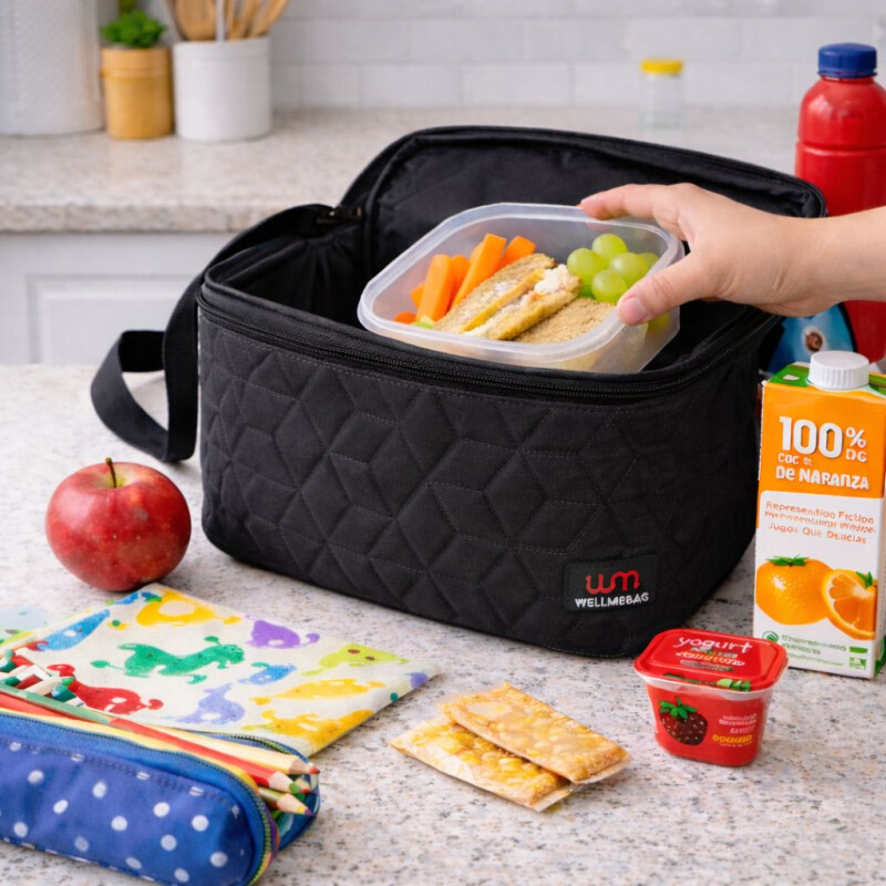 Lunchera Térmica Impermeable con Correa Ajustable Modelo Cuadrado Negra