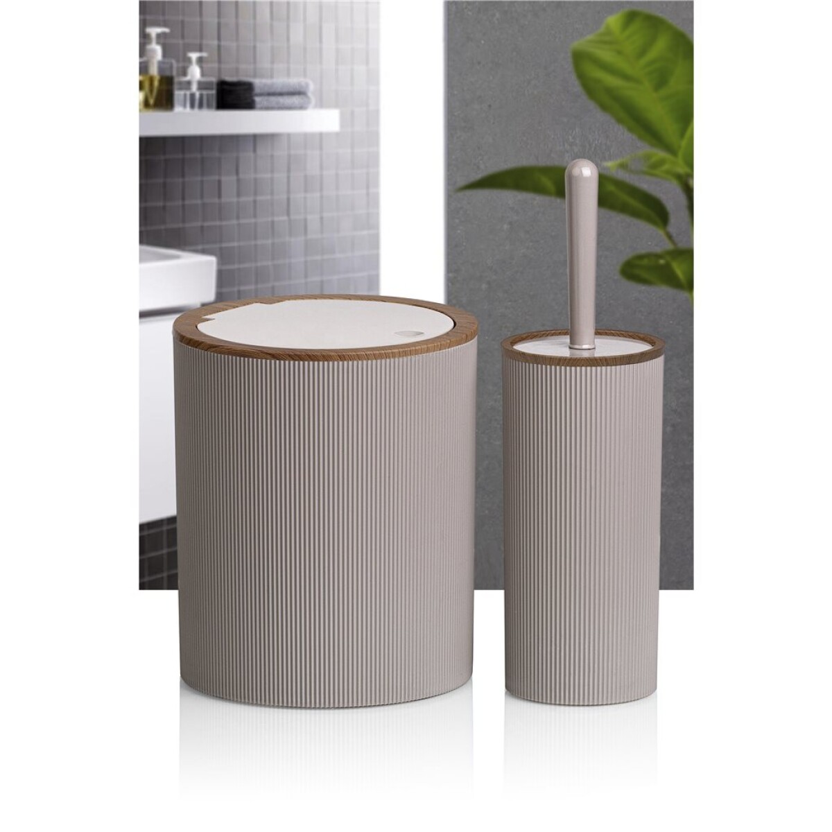 SET 2PCS BAÑO PP Y MADERA BEIGE 
