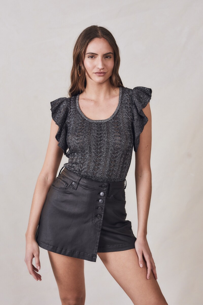 Top Metalizado Manga Volados Negro