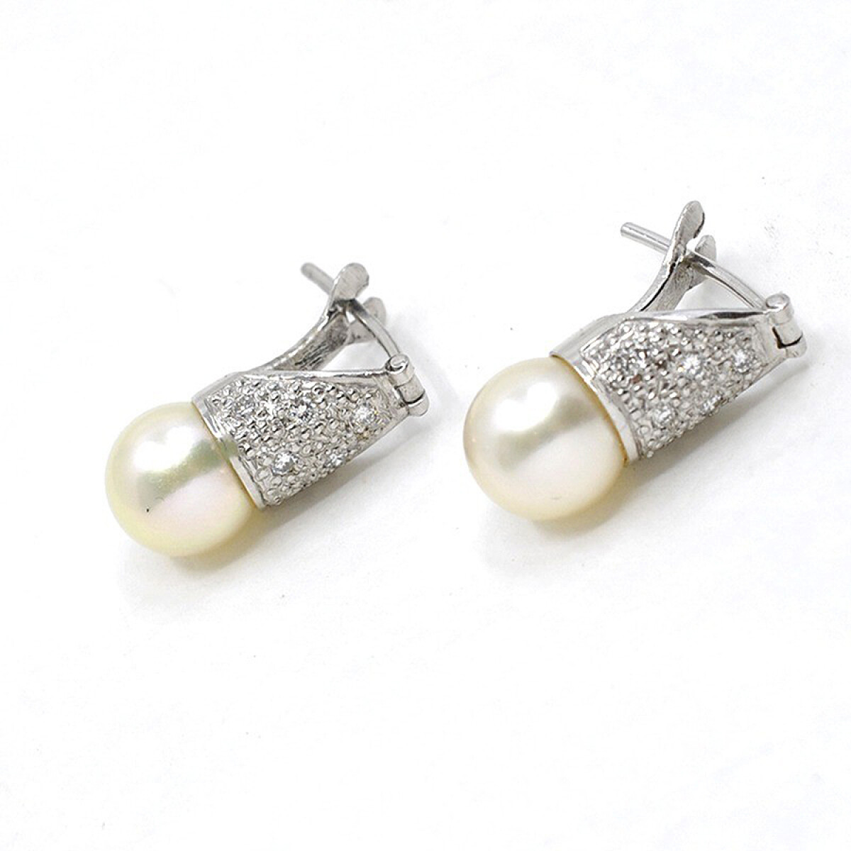 Caravanas Oro Blanco 18K, Perlas De Cultivo Y Brillantes 