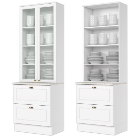 PANELERO TORRE 2 PUERTAS EN VIDRIO 2 CAJONES ARMARIO CON ESTANTERÍA - LINEA AMERICANA BLANCO