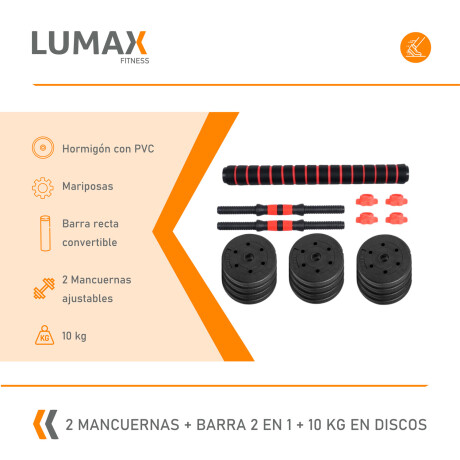 Set 2 Mancuernas Lumax + Barra 2 En 1 + 10kg Discos Pesas Rojo