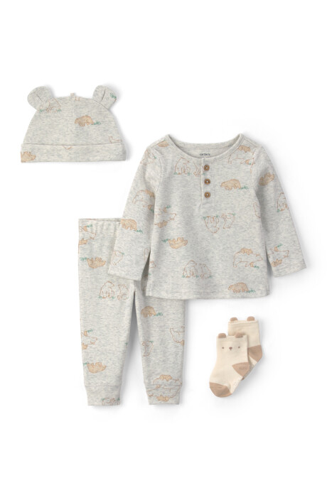 Set cuatro piezas de algodón, pantalón, remera, gorro y medias, gris, diseño oso Set cuatro piezas de algodón, pantalón, remera, gorro y medias, gris, diseño oso