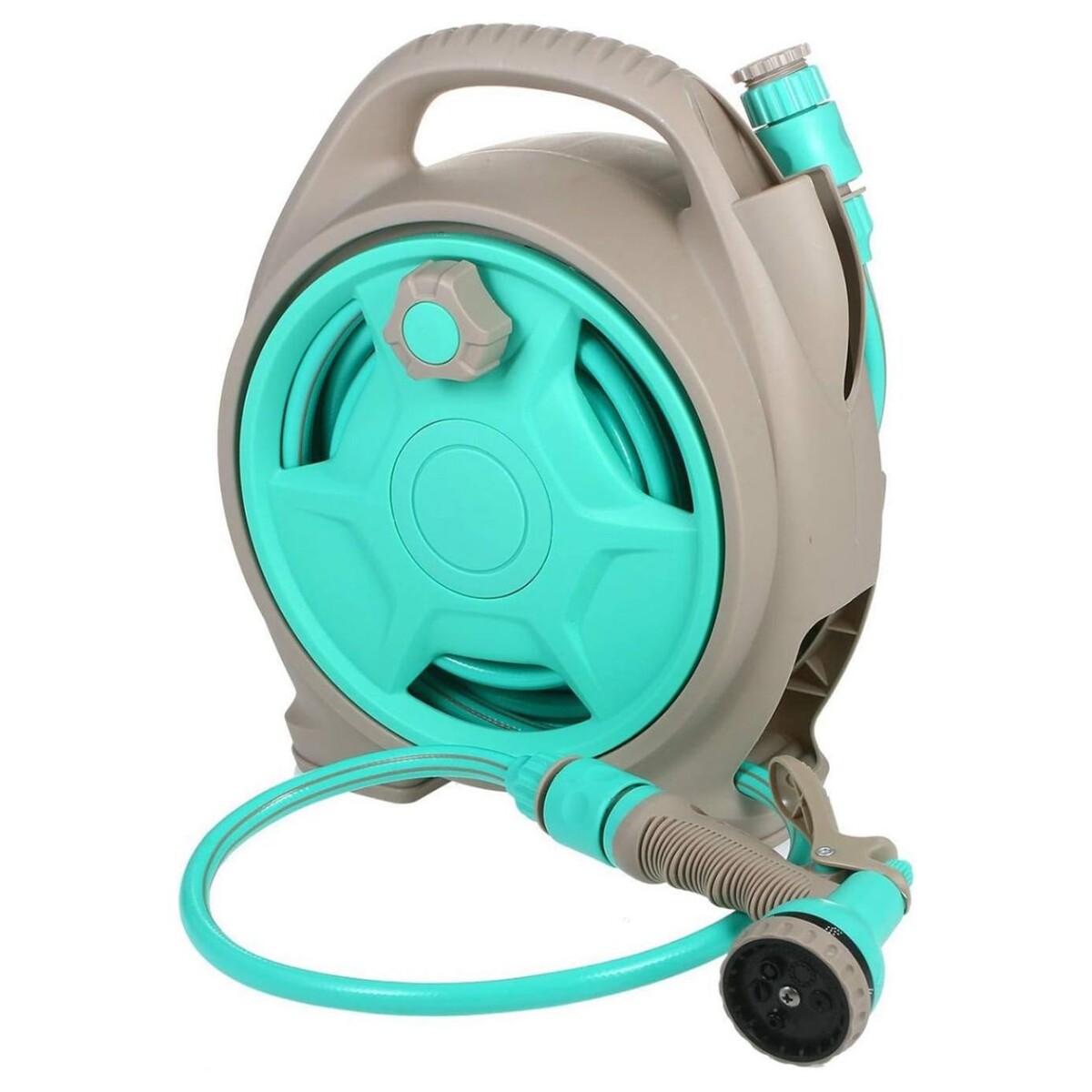 Manguera Jardin Premium 15 Metros Retractil + Pistola Riego - Color Variante Gris Con Turquesa 