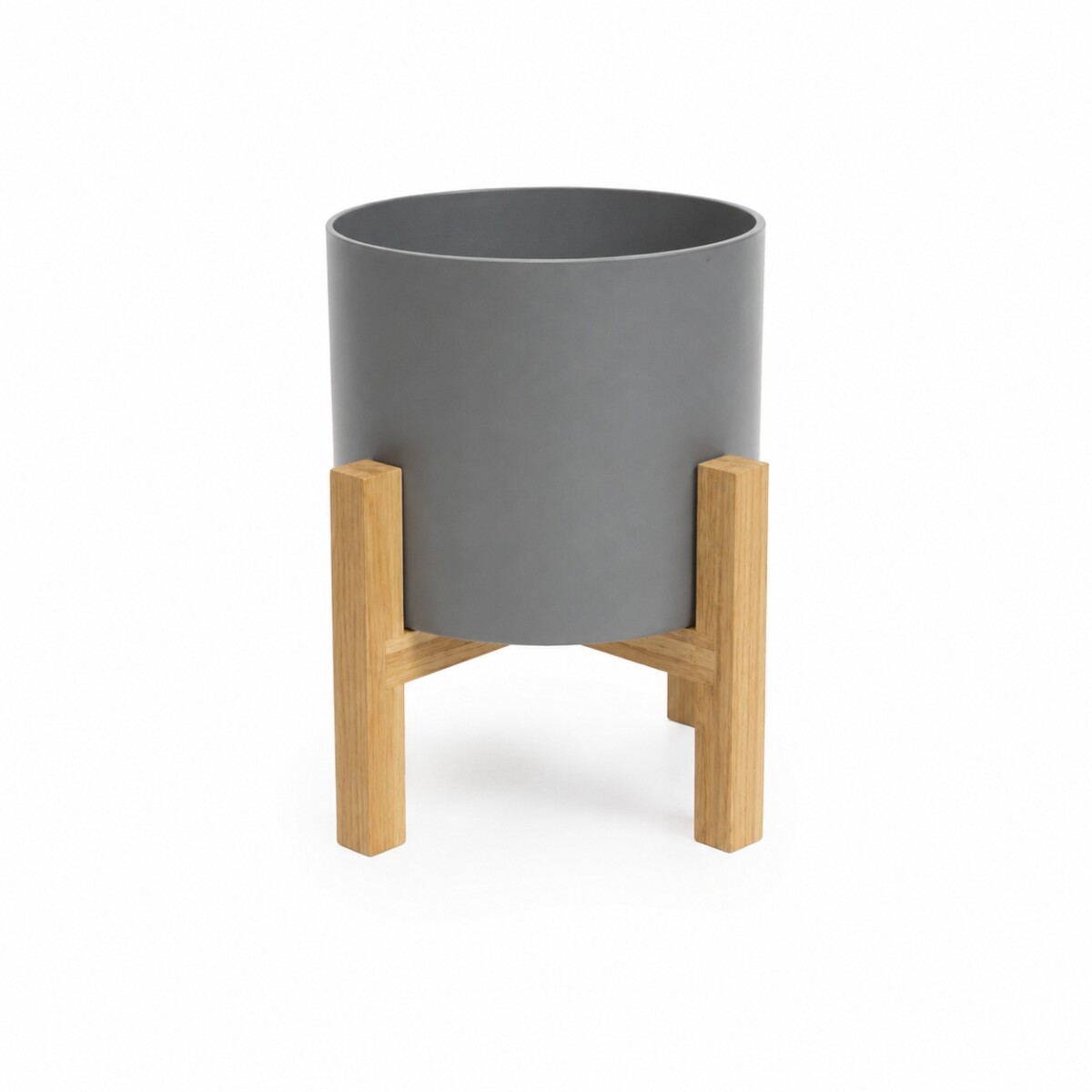 MACETA CERÁMICA M CON SOPORTE DE MADERA - GRIS OSCURO 