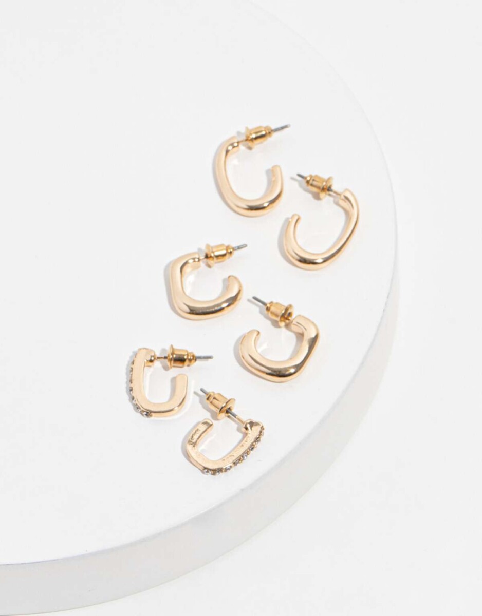 Aros Argollas Set Metal Con Detalle De Strass - Dorado 