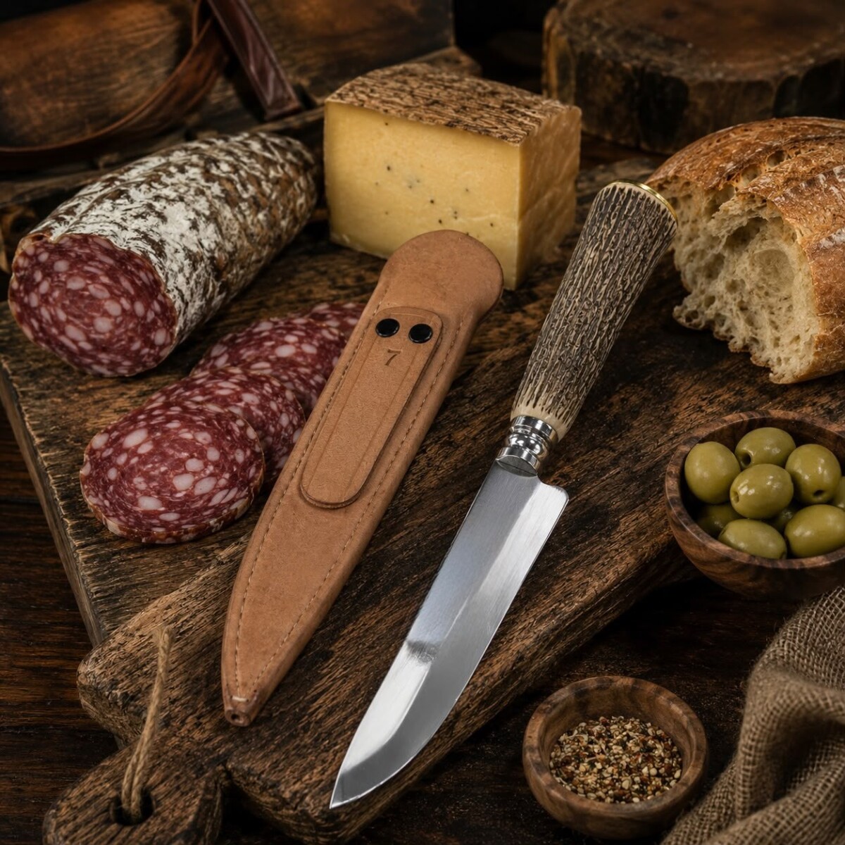 Cuchillo Artesanal Acero de Carbono Mango Simil Ciervo Vaina de Cuero N°7 