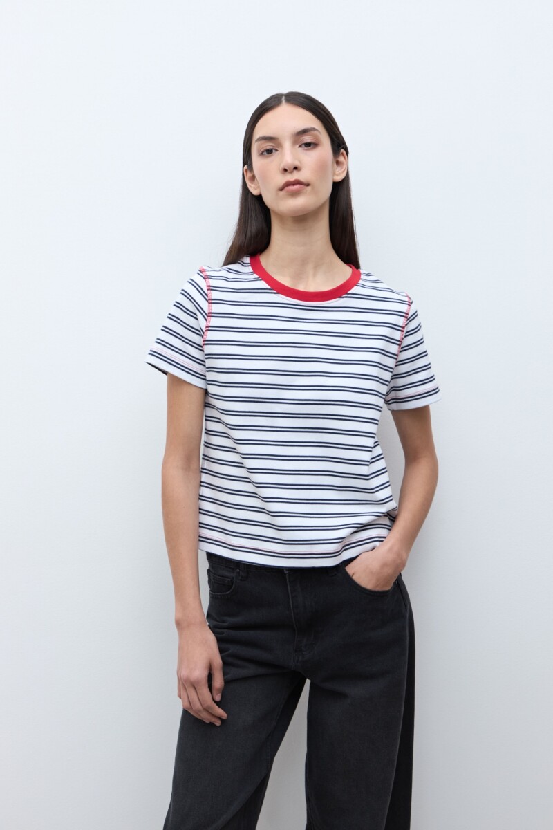 Remera rayada manga corta blanco