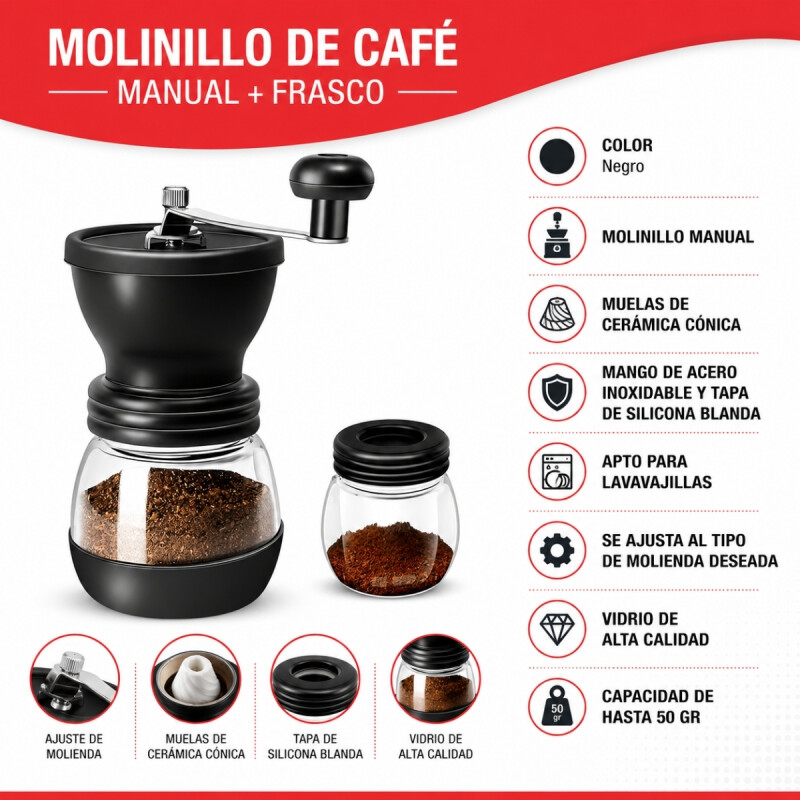 Molinillo de café manual + Frasco obsequio NEGRO