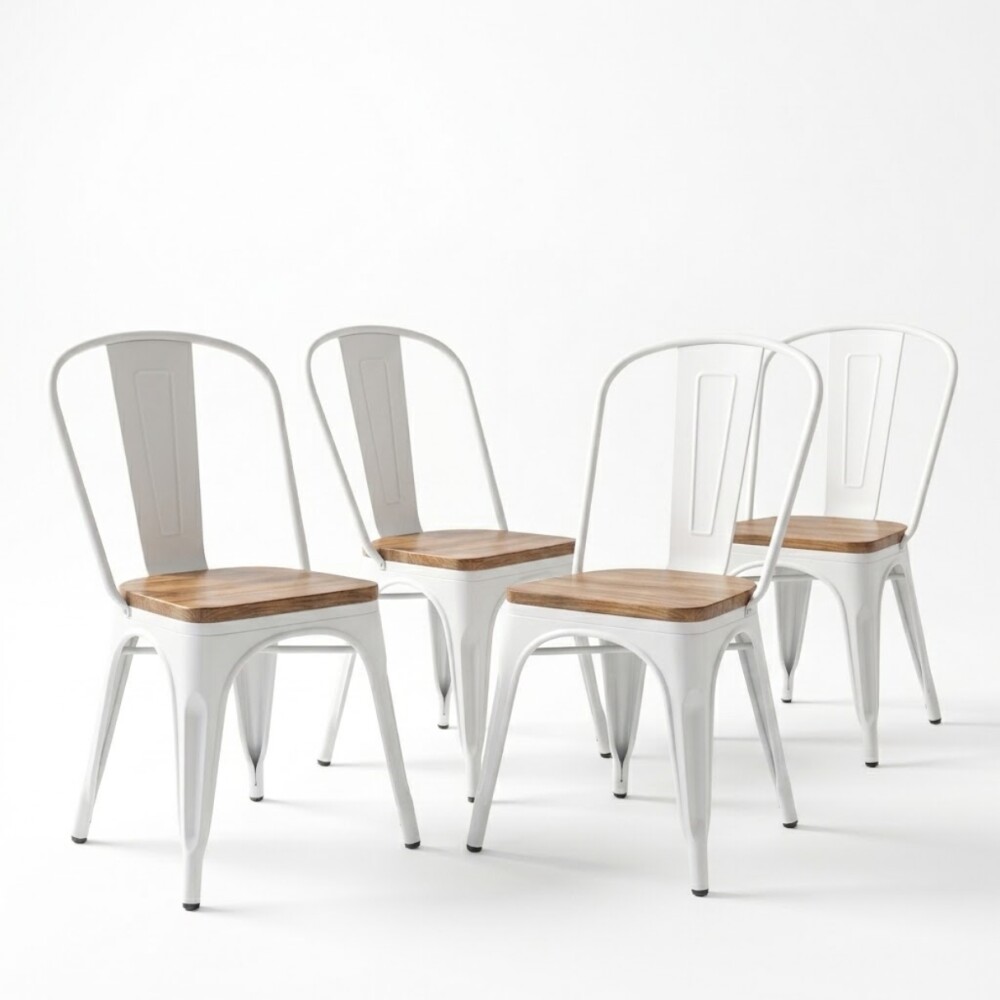 Silla Tolix Pack 4 unidades Metálica Asiento En Madera Blanco