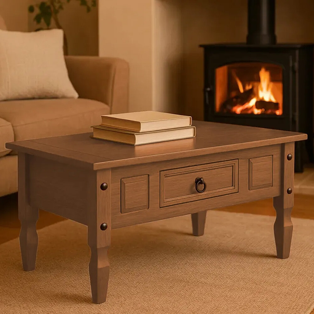 MESA RATONA LIVING DE CENTRO CON CAJÓN EN MADERA MACIZA - LÍNEA MEXICANA COLOR MADERA