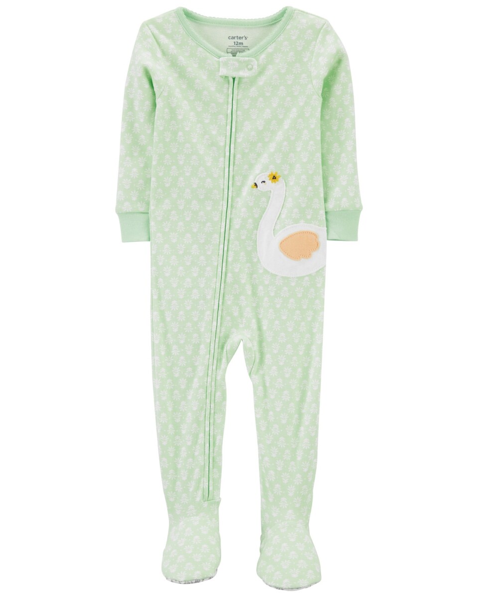 Pijama una pieza de algodón con pie, verde, estampa cisne. Talles 2-5T 