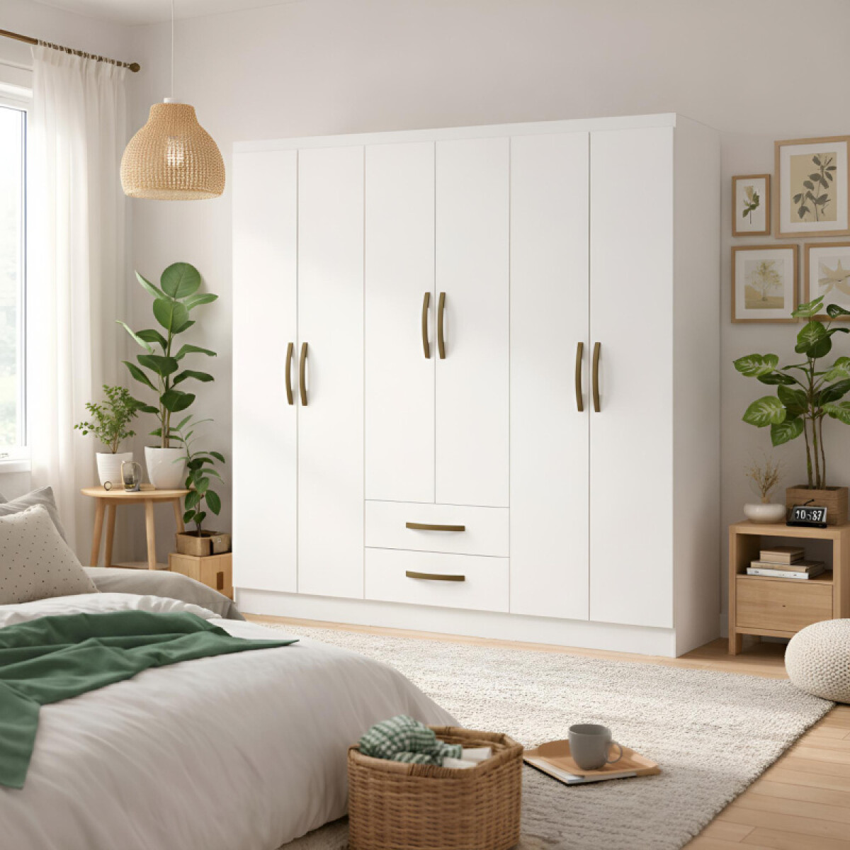 Armario Ropero Placard de 6 Puertas Línea Plus con 2 Cajones y Perchero Horizontal - MDP - Blanco 