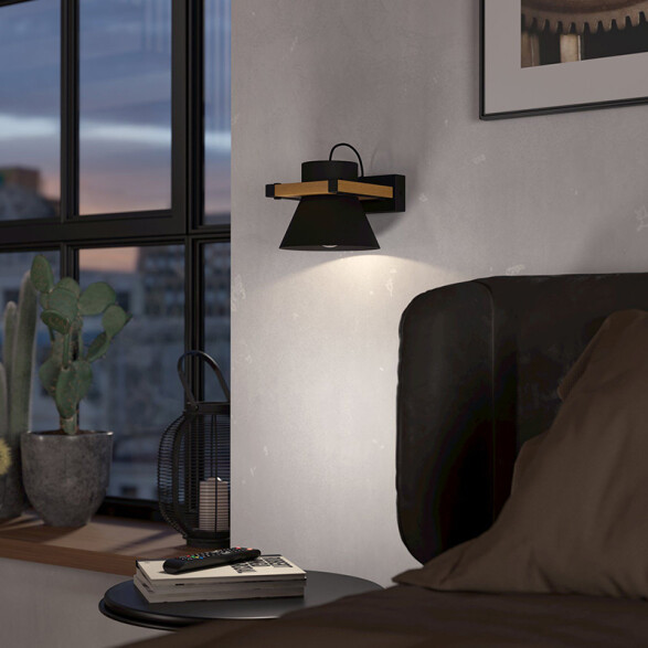 Lámpara de pared E27 acero negro y madera MACCLES EG6136