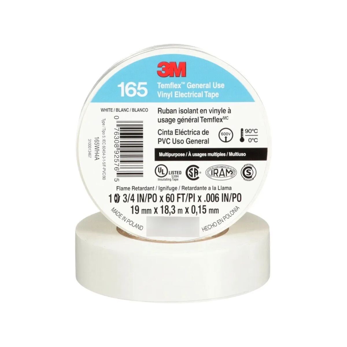 Cinta Electrica 3m Temflex 165 Blanca 19mm X 18m 