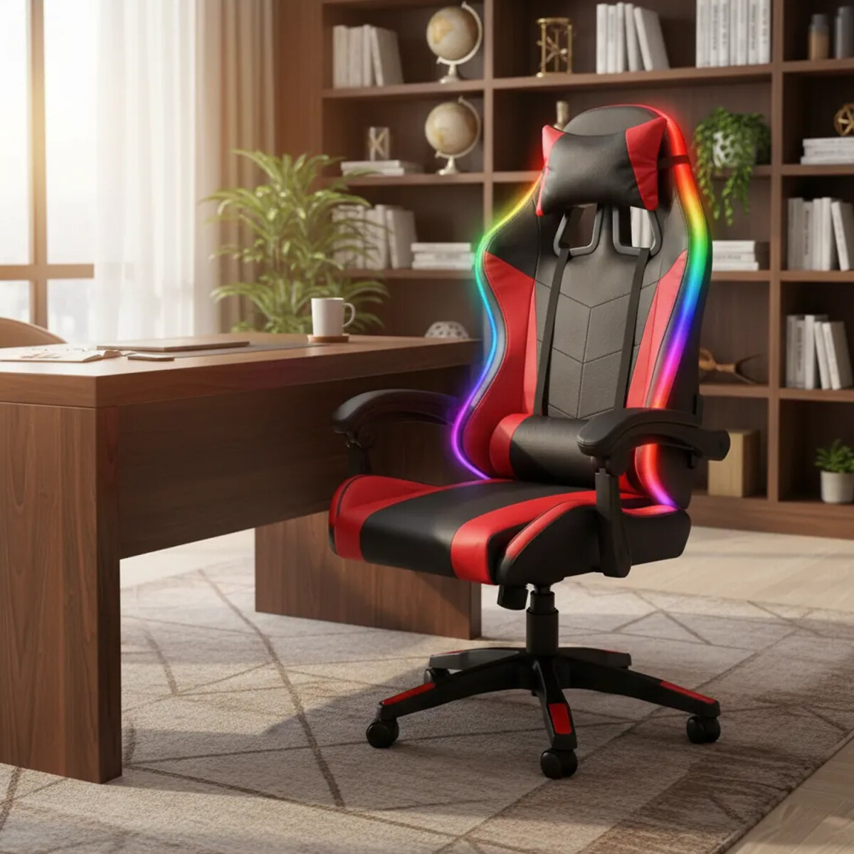 Silla Gamer Con Luces Led Rgb Ergonómica Y Reclinable 120kg - ROJO 