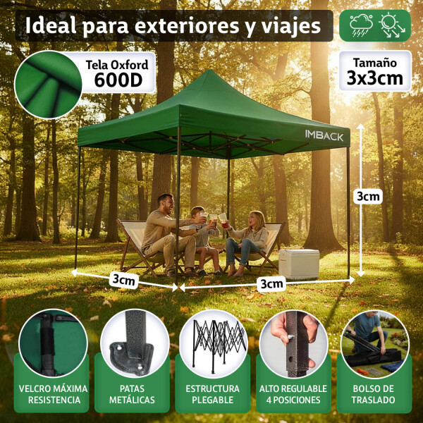 Gazebo Plegable 3x3 M Auto armable Toldo Playa Jardin Carpa Tela 600d IMBACK Color Verde Gazebo Plegable 3x3 M Auto armable Toldo Playa Jardin Carpa Tela 600d IMBACK Color Verde