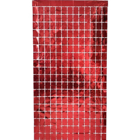 Cortina Metalizada Diseño Cuadrados Grande Rojo