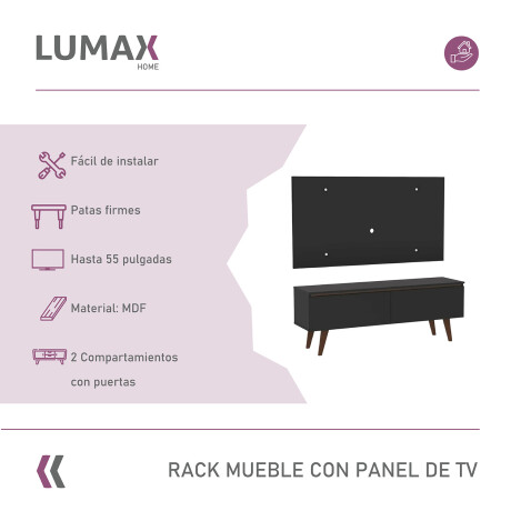 Rack TV mueble Lumax + panel rústico con estantes 55” Negro/Negro