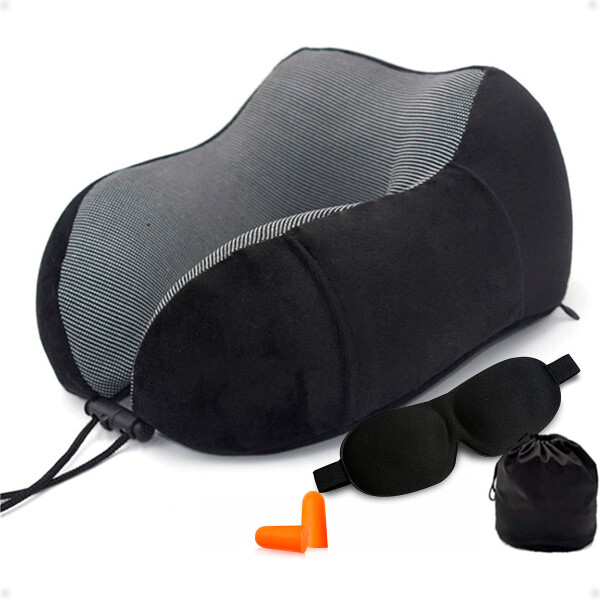 Almohada De Viaje Viscoelástica Tapa Ojos Y Tapa Oídos Negro
