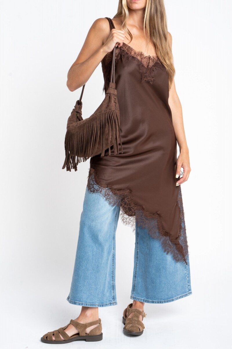 Vestido Midi Satinado Con Encaje Chocolate