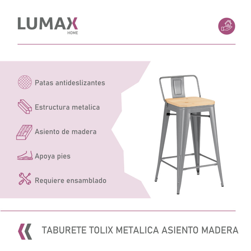 Taburete con respaldo Tolix en metal con asiento de madera Gris