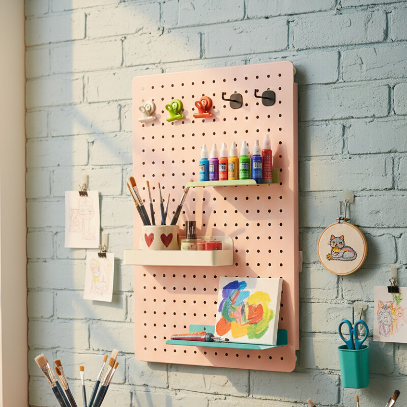 Panel perforado pegboard metálico organizador de pared 60x40 cm – Multiuso para el hogar Rosado