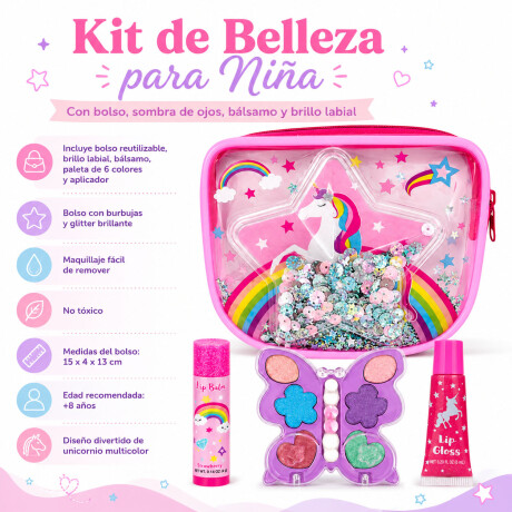 Kit Belleza Niña c/Bolso Sombra Ojos Bálsamo y Brillo Labial Multicolor
