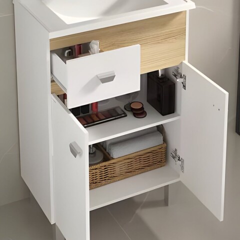 Mueble de Baño de Pie POP (56cm) | Set Bicolor Blanco/Carvalho con Espejo y Lavatorio Mueble de Baño de Pie POP (56cm) | Set Bicolor Blanco/Carvalho con Espejo y Lavatorio