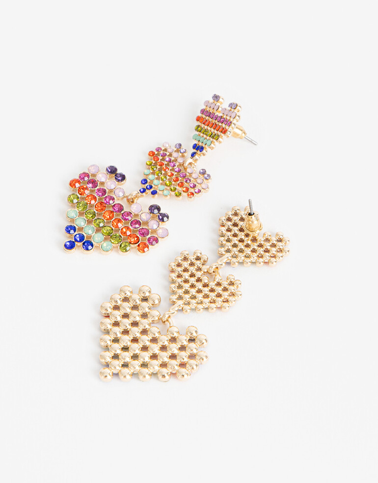 Aros Colgantes Largos Color Aros Colgantes Corazón Strass - Combinacion Multicolor