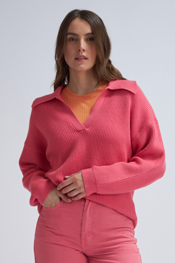 Sweater de punto cuello polo Rosado