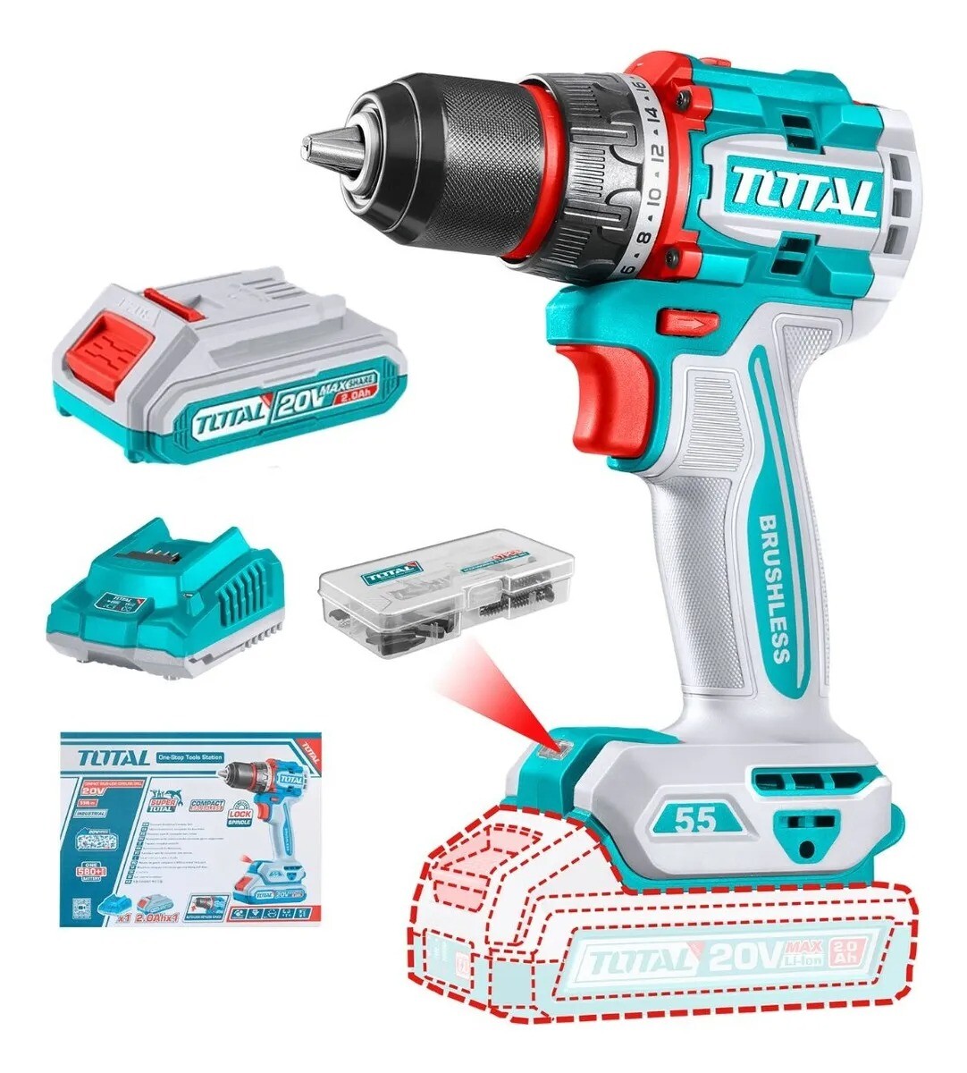 Taladro Atornillador Inalámbrico Brushless Total 20V 55Nm con 2 Baterías y Maletín 