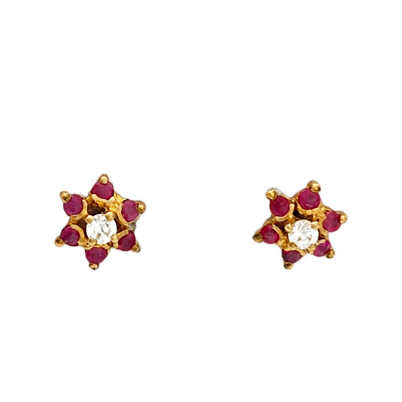 Caravanas Flor de Rubí de oro- Oro bajo - Rubí y zirconia- CA8122 conpiedra