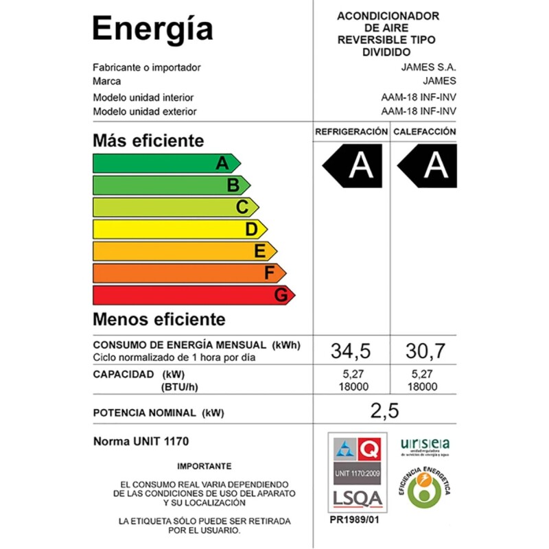 Aire Acondicionado James 18000 BTU Inverter AAM-18 GL -INV (CH) Aire Acondicionado James 18000 BTU Inverter AAM-18 GL -INV (CH)