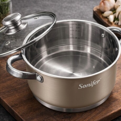 Batería De Cocina Sonifer Efecto Piedra C/tapa De Vidrio 6pc Acero