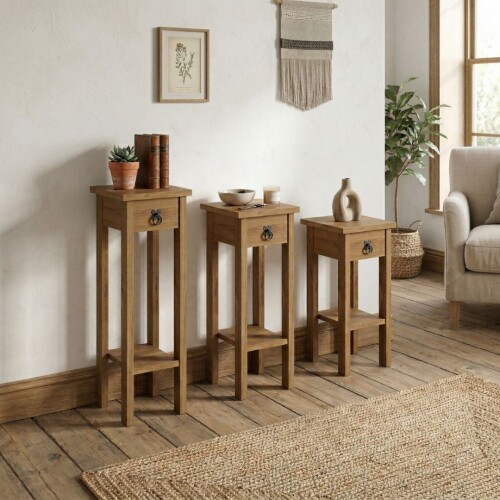 Conjunto Set De Mesas Pedestal Madera Maciza Linea Mexicana Oscuro