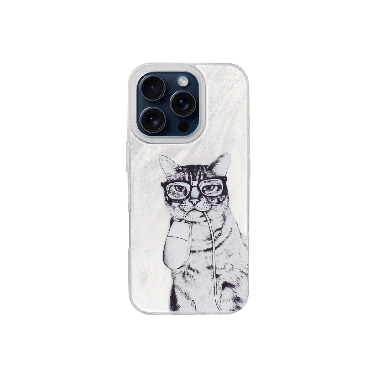 Protector para iPhone 15 Pro plateado diseño gato 