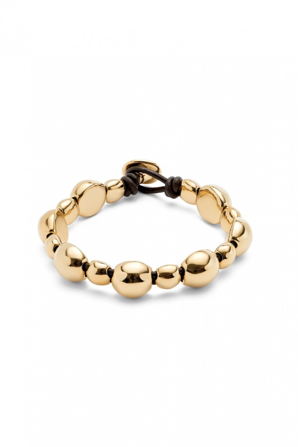 PULSERA DE CUERO CON CUENTAS MEDIANAS Y PEQUEÑAS DE ALEACIÓN DE METALES BAÑADAS EN ORO 18K Pulsera