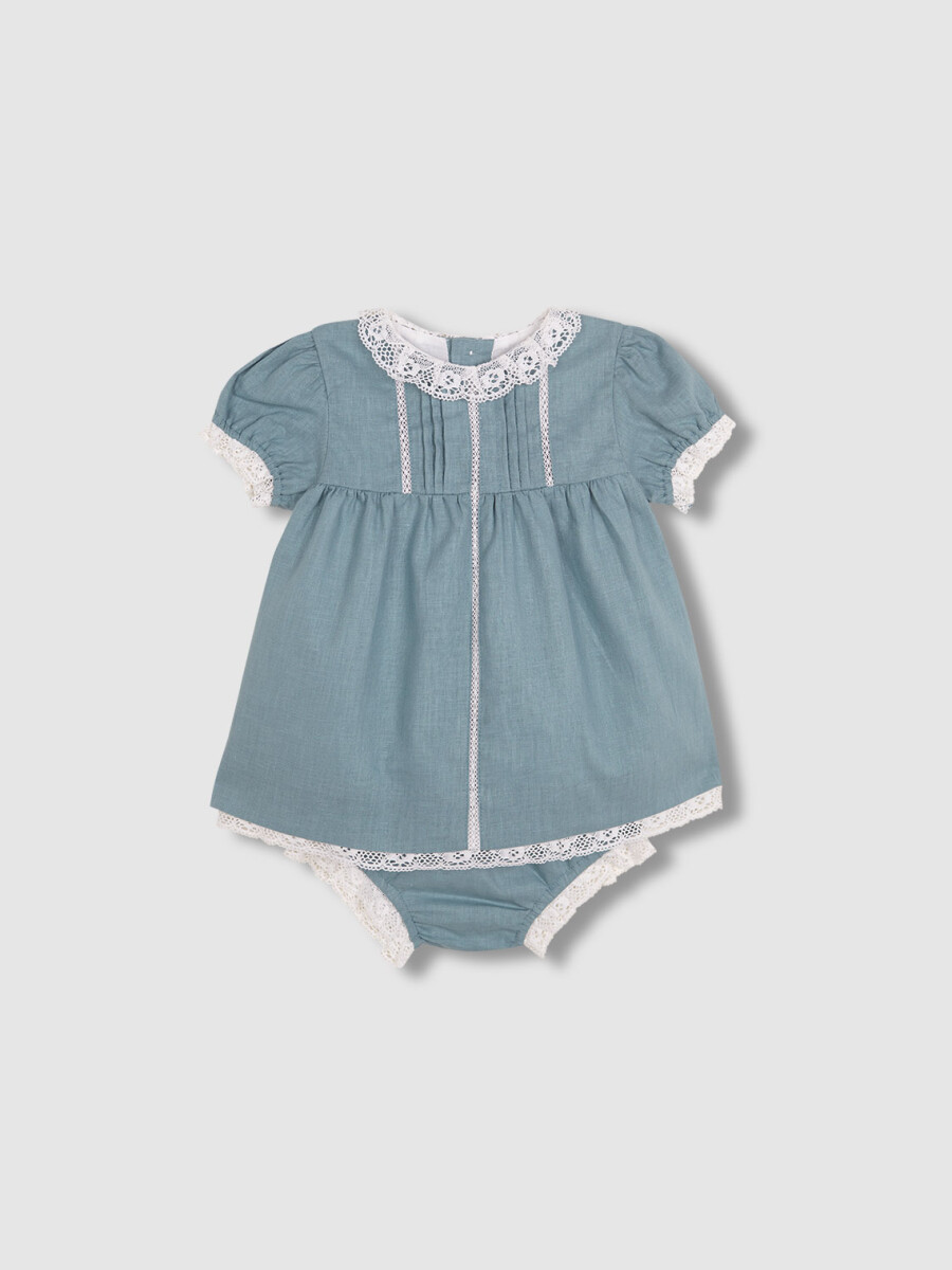 Vestidode Lino Con Tiras Bordadas Verde