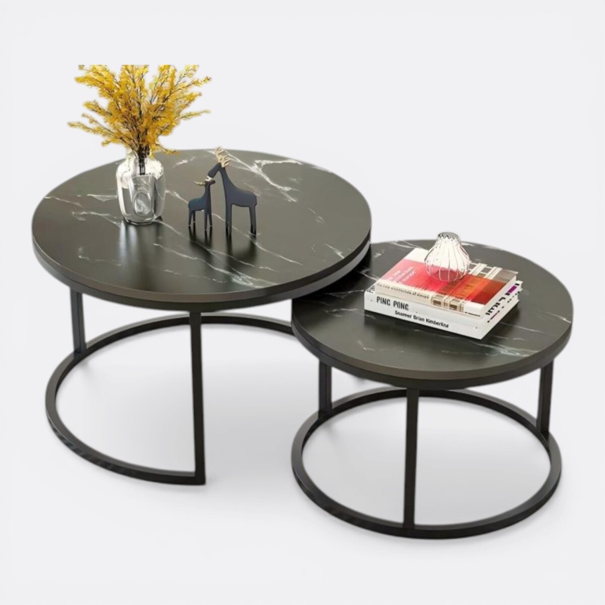 Set De Mesas Ratonas Circulares Nido Simil Marmol Grande - Negro 