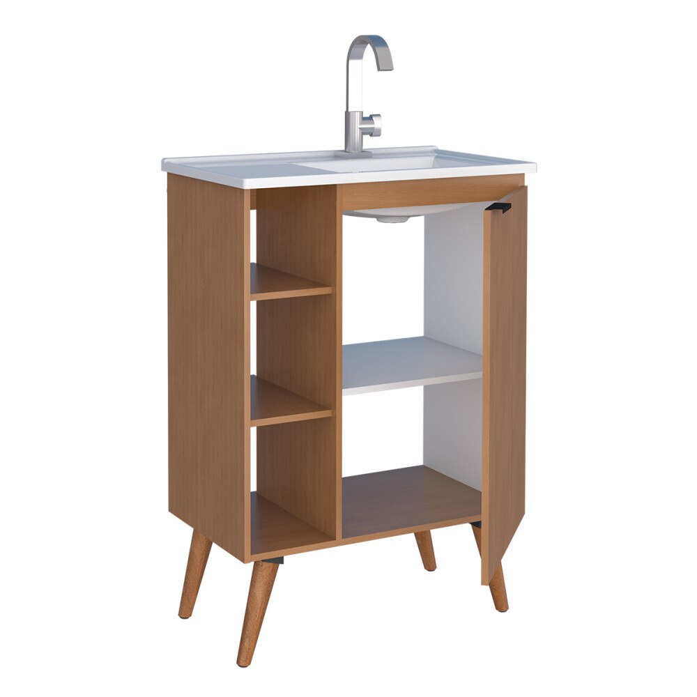 MUEBLE BAÑO EN MADERA HORTENSIA JEQUITIBÁ CON LAVAMANOS EN PATAS DE MADERA MACIZA Mueble Baño En Madera Hortensia Jequitibá Con Lavamanos En Patas De Madera Maciza