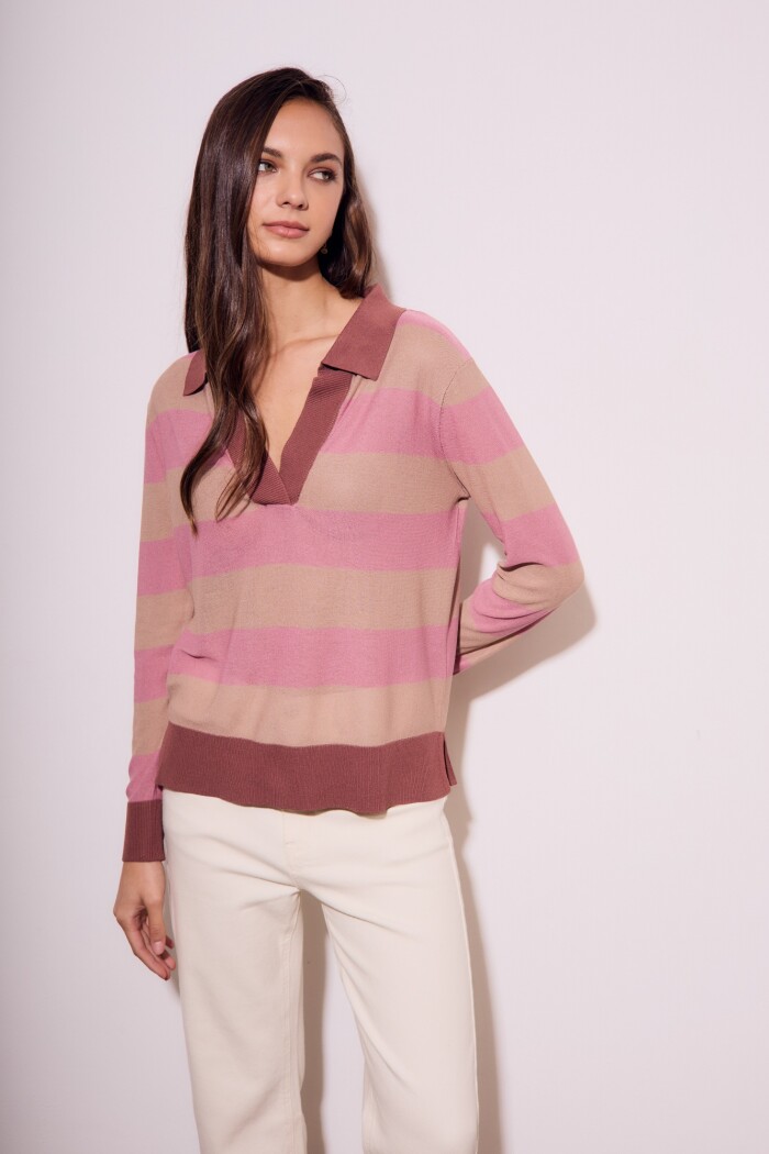 Sweater Polo Rayado Rosa