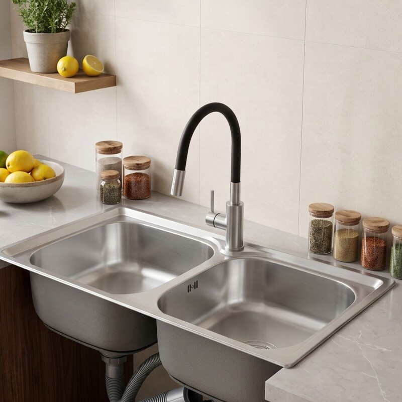 Pileta de cocina Lumax Acero Doble Bacha Monocomando 78x42 cm Negro