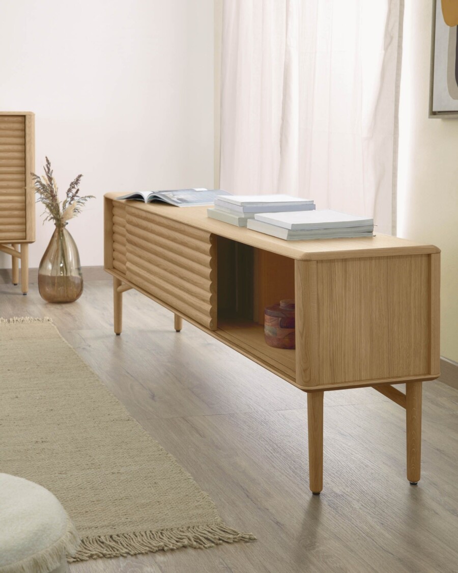 Mueble TV Lenon 200 x 57 cm de madera maciza y chapa de roble