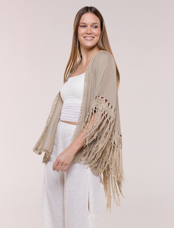 Cardigan Con Flecos Y Espalda Crochet TOSTADO
